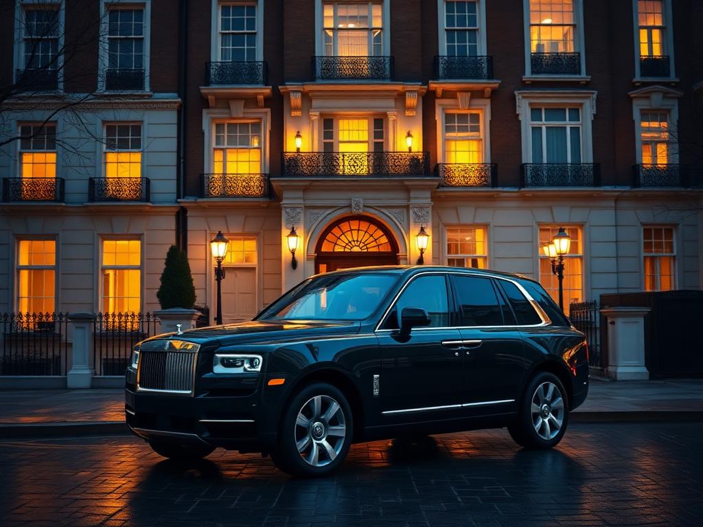 Rolls-Royce Cullinan in front of a Mayfair townhouse at dusk