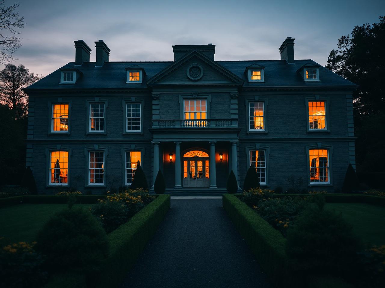 Georgian country house at dusk with formal gardens and warm interior lights