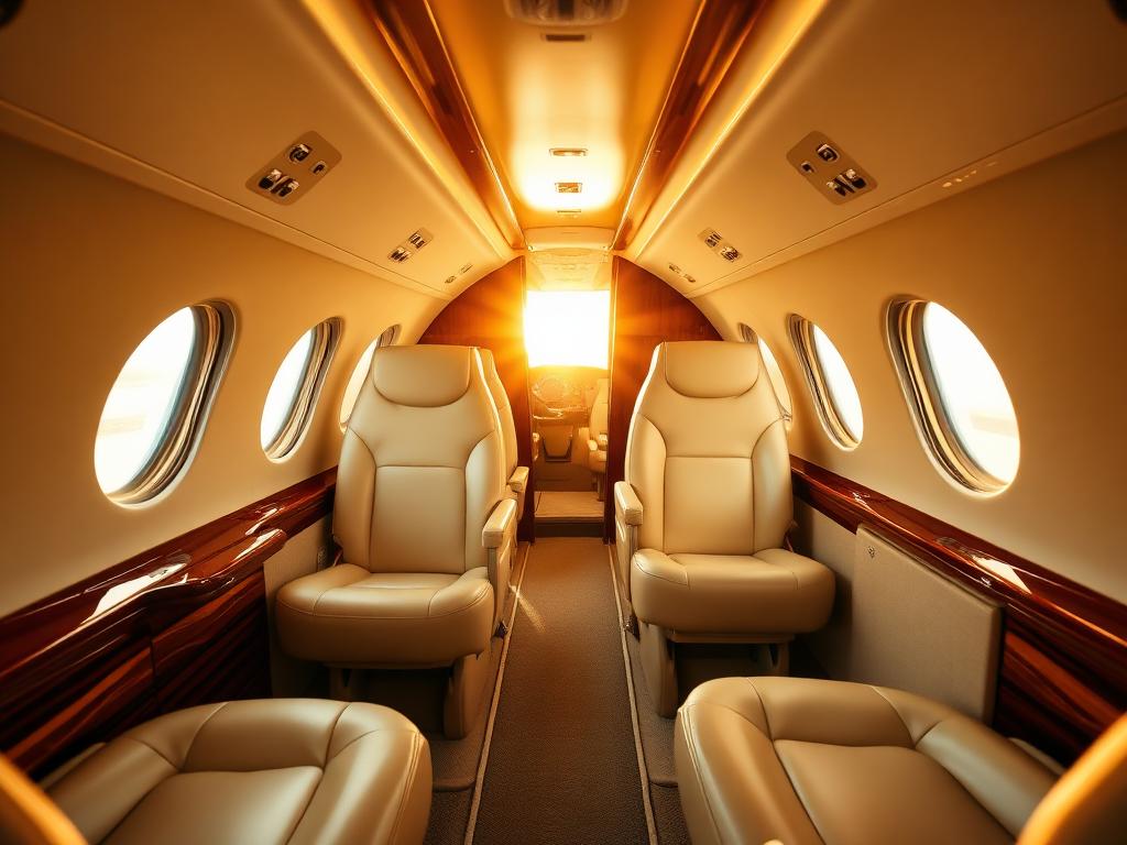 Cream leather and walnut interior of a Cessna Citation